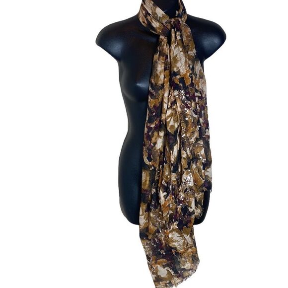 Accessories - Sheer lightweight earth tone sequined and beaded frayed end long scarf